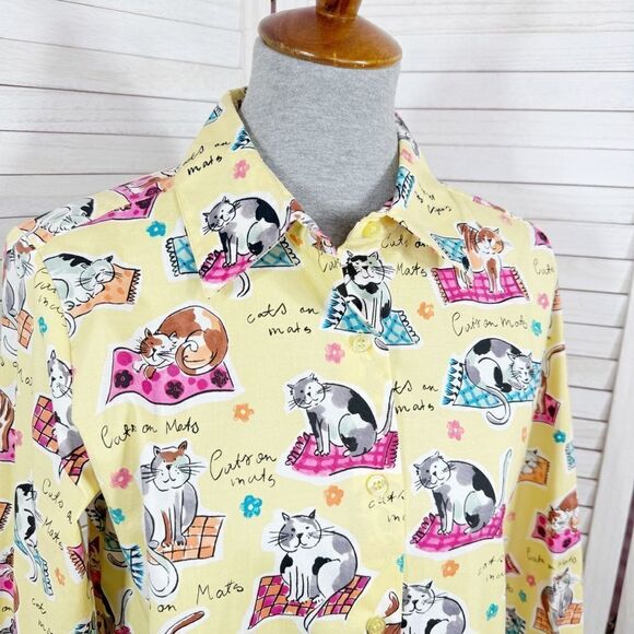 Chatterprintz Cats on Mats Button Up Shirt Yellow Small Long Sleeve - Picture 5 of 11